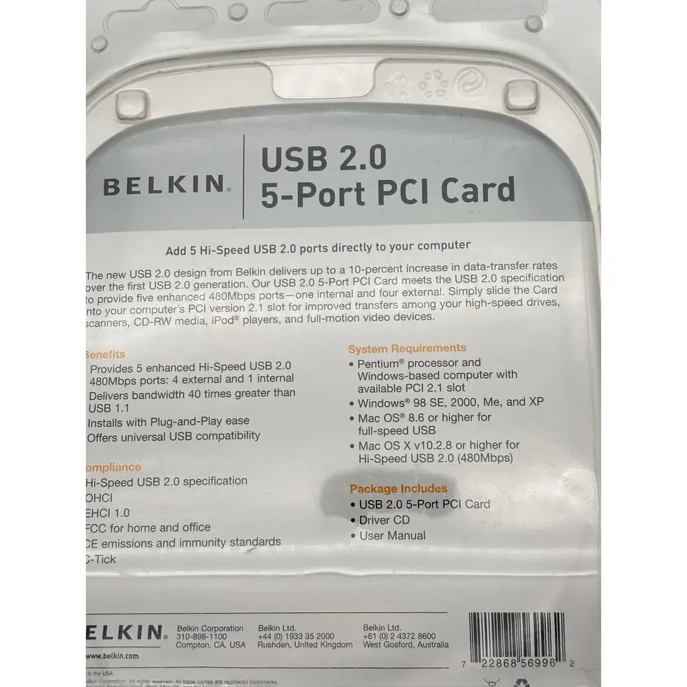 BELKIN USB 2.0 5-PORT PCI CARD - NIB - 1 Internal/4 External NEW Sealed - Picture 4 of 10
